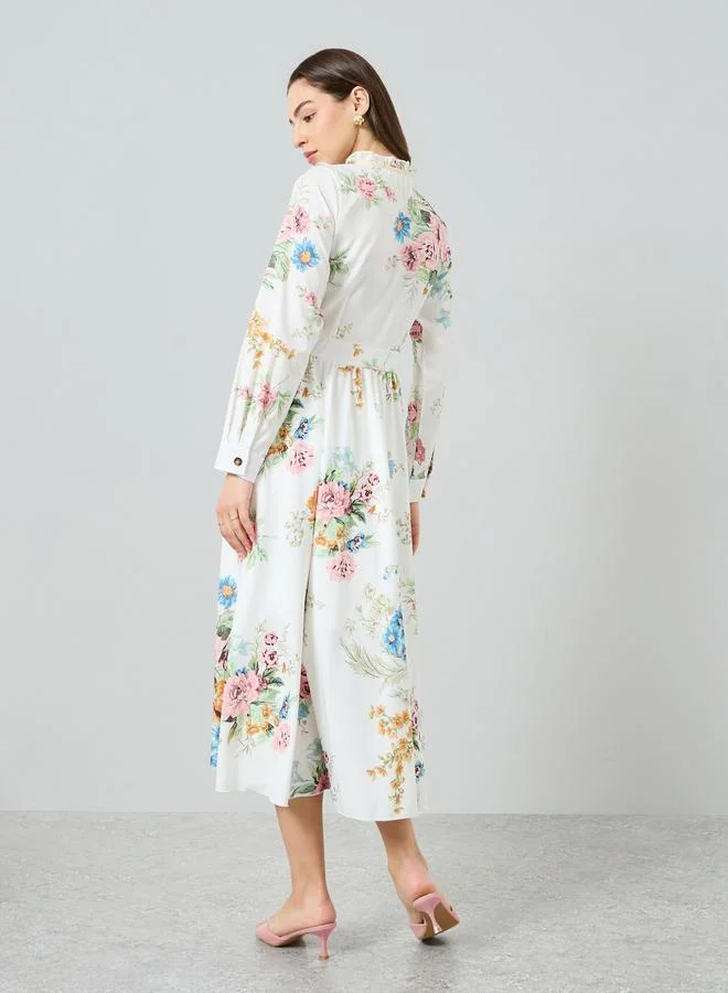 Take Two white floral Women Floral Printed Ruffled Trim Front Midi Dress for Women | Best Price UAE